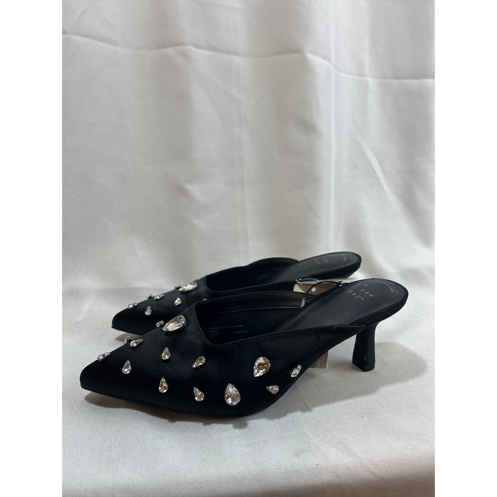 A New Day Black Satin Rhinestone Pointed Toe Mules Kitten Heels Size 7 NEW